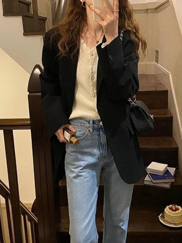 Eye Catching Women's Black Oversized Single Button Solid Wear To Work Casual Blazer Spring Autumn Jacket Influencer Korean Style