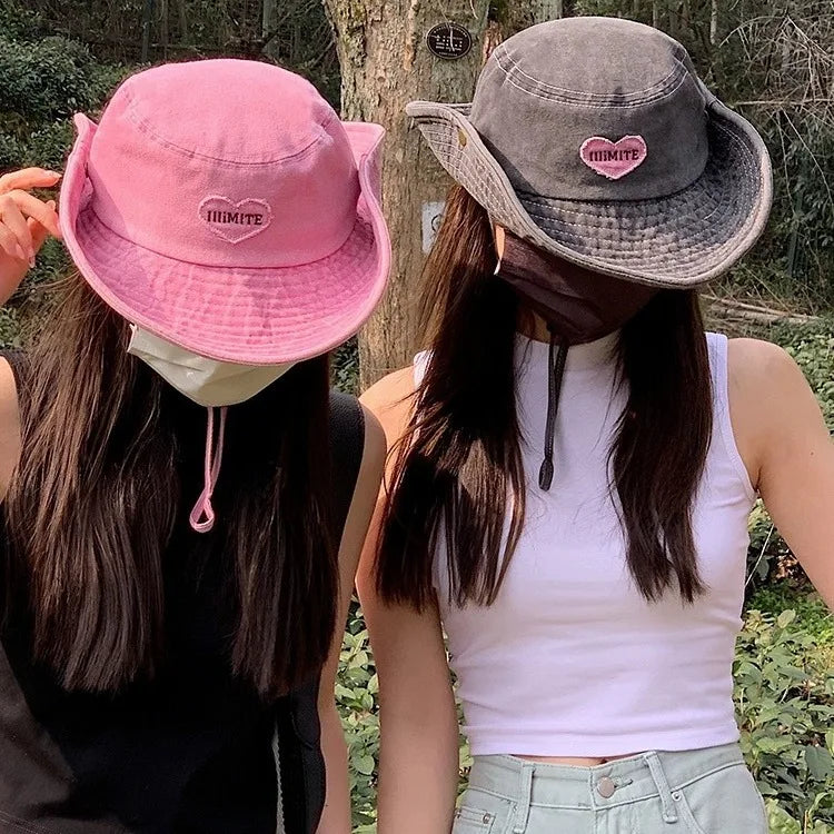 Retro Washed Bucket Hats for Women Cowboy Hats Outdoor Camping Sun Protection Sweet Pink Love Bucket Caps