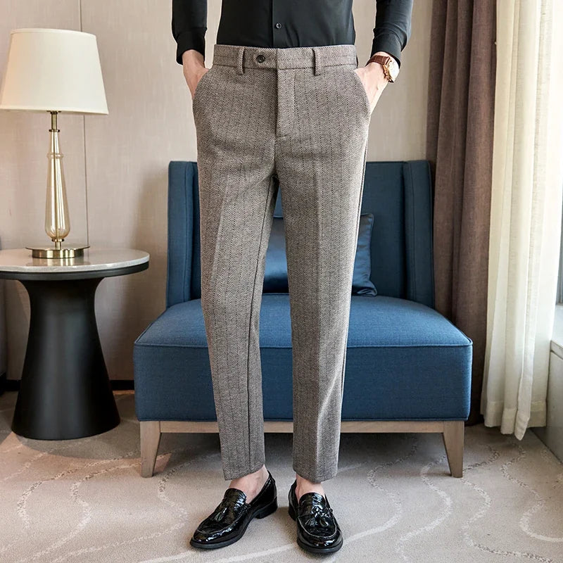 2025 Autumn Winter New Stripe Woolen Cloth Suit Pants Men Thick Warm Fashion Business Casual Male Straight Formal Trousers