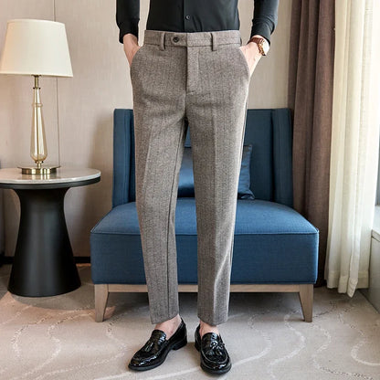 2025 Autumn Winter New Stripe Woolen Cloth Suit Pants Men Thick Warm Fashion Business Casual Male Straight Formal Trousers