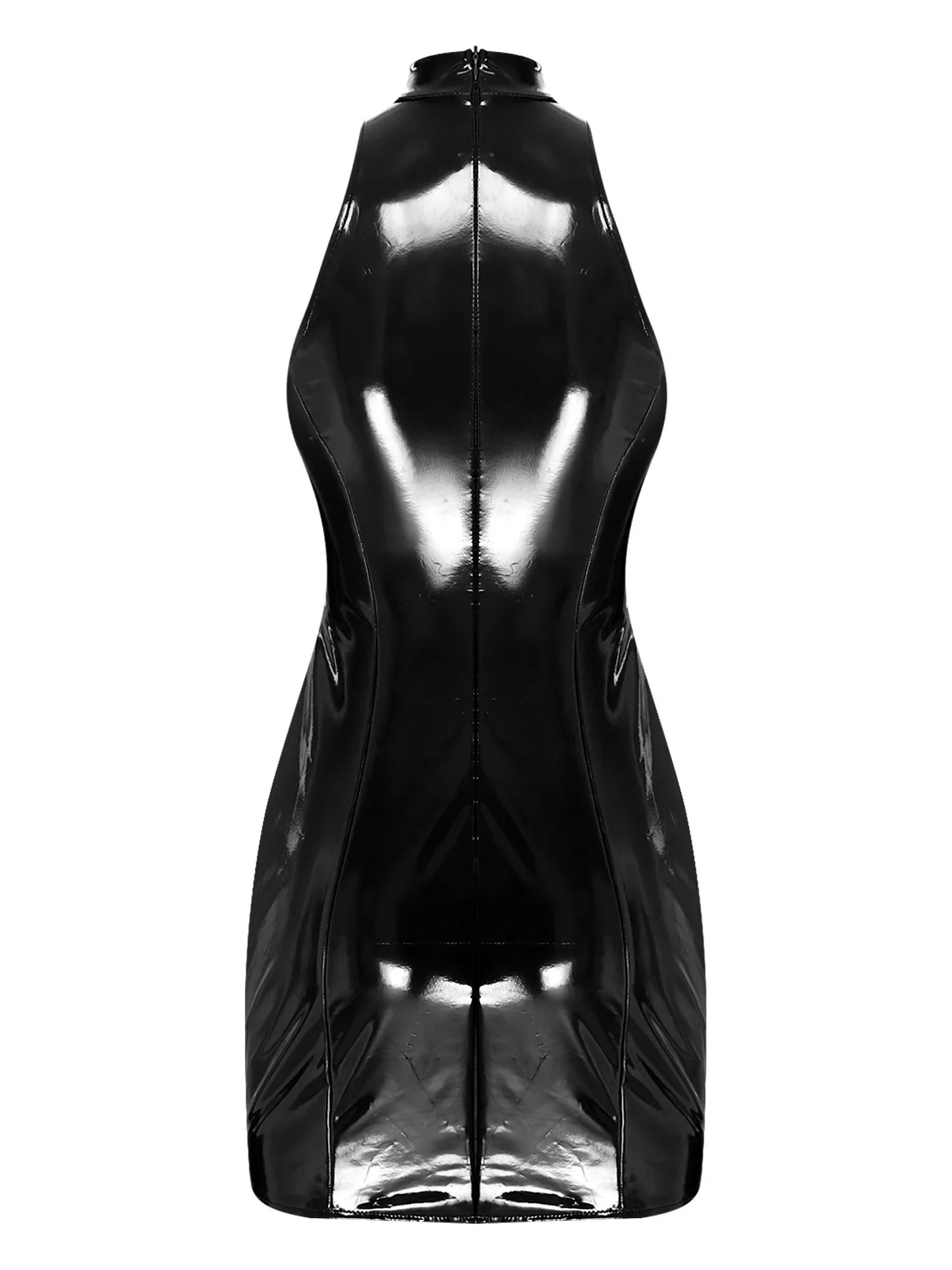 Womens Wet Look PU Leather Mini Dress Mock Neck Sleeveless Hollow-out Push-up Bra Bodycon Tube Dress Clubwear for Raves Party
