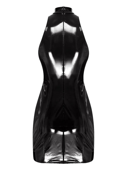 Womens Wet Look PU Leather Mini Dress Mock Neck Sleeveless Hollow-out Push-up Bra Bodycon Tube Dress Clubwear for Raves Party
