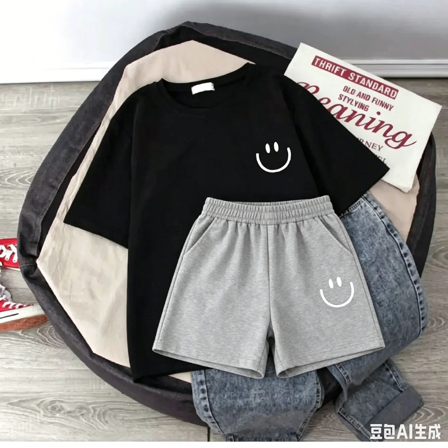 2026 New Summer Smiling Face Print Kids T-shirt Set Short-sleeved Pure Cotton Loose Basic Versatile Cool Simple Kids Outfit Tops