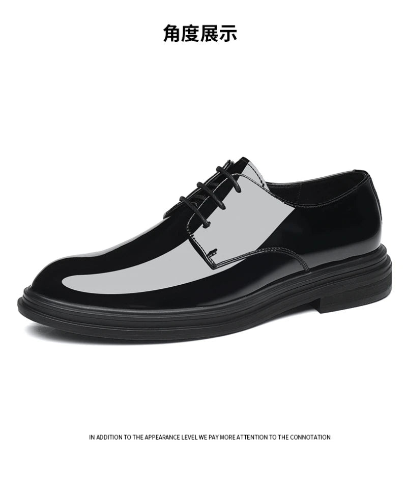 Mens Black Patent Leather Lace Up Dress Shoes With Thick Sole Platform Block Heel Formal Business Wedding Party Office Work Shoe