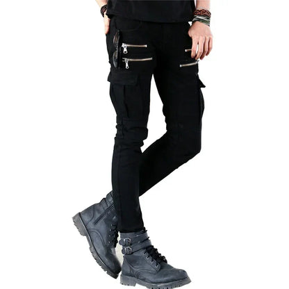 Fashion Fold Men Jeans Stretch Pleated Biker Cargo Jeans Zipper Skinny Slim Fit Trouser Hiphop Punk Multi Pocket Denim Pant Male
