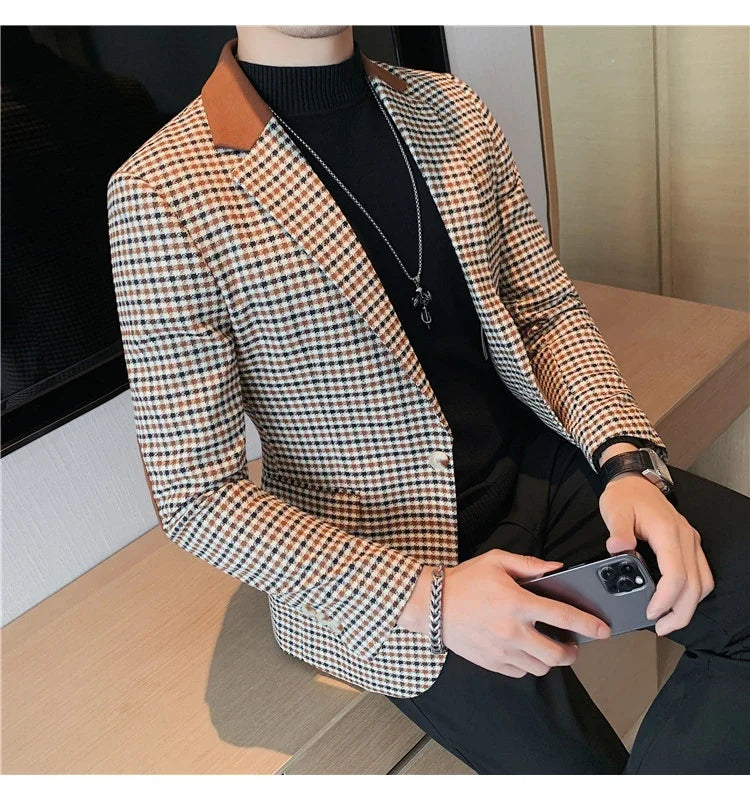 2024 Autumn Winter Korean  Houndstooth Blazer Jackets Fashion Color Matching Lapel Design Casual Men's Plaid Suit Coat Tuxedo