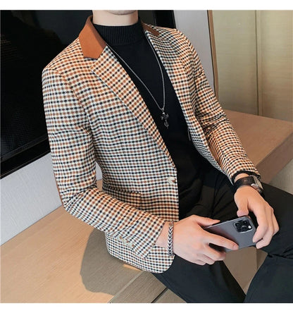 2024 Autumn Winter Korean  Houndstooth Blazer Jackets Fashion Color Matching Lapel Design Casual Men's Plaid Suit Coat Tuxedo