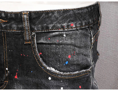 Fashion Streetwear Men Jeans Retro Black Blue Elastic Slim Fit Ripped Jeans Men Spliced Designer Embroidery Hip Hop Denim Pants