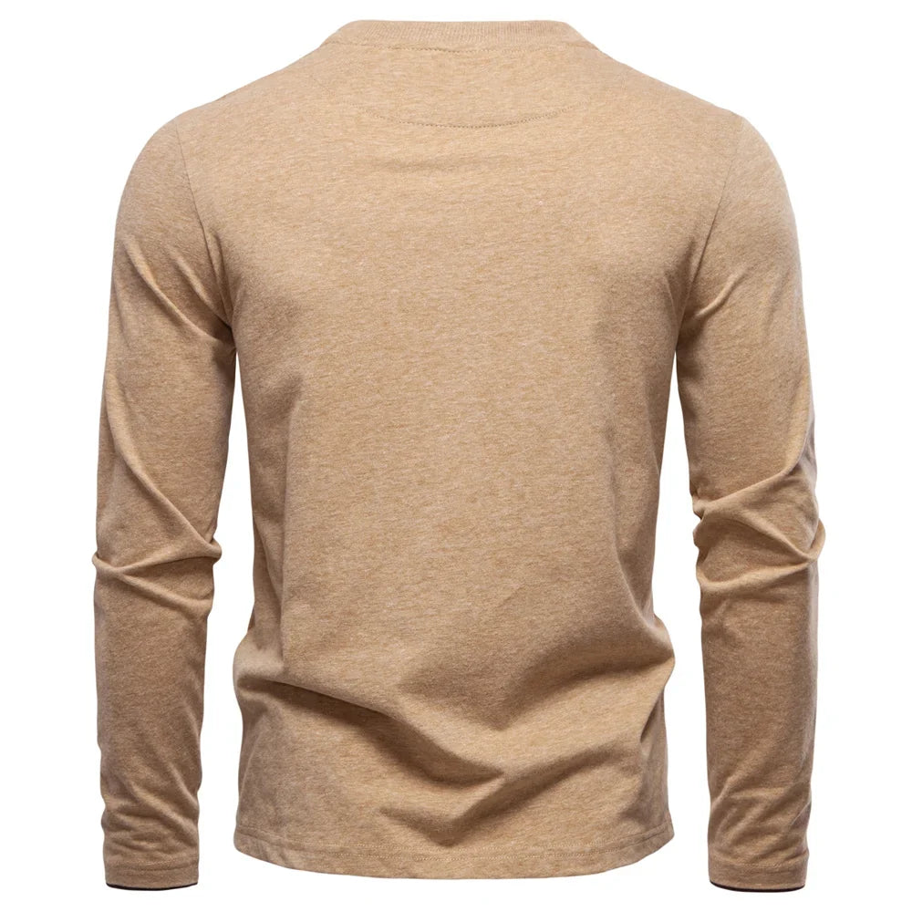 100% Cotton T-shirt Men Casual Solid Color Long Sleeve Sweater Autumn Fashion High Quality Henley Collar Mens T-shirts