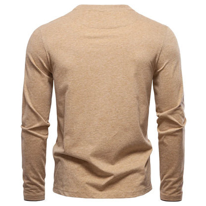 100% Cotton T-shirt Men Casual Solid Color Long Sleeve Sweater Autumn Fashion High Quality Henley Collar Mens T-shirts
