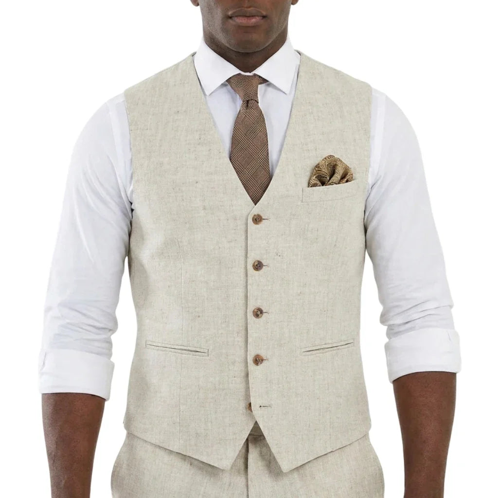 Beige Linen Men Vest for Wedding Party 1 Piece Summer Beach Male Waistcoat V Neck Fashion Coat New Arrival
