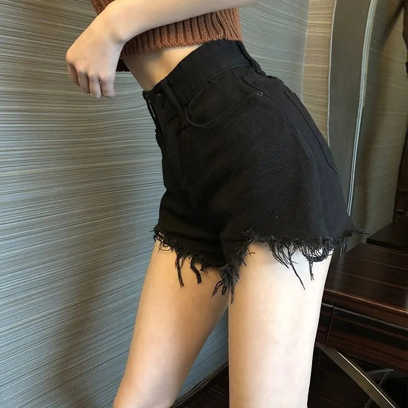 Black High-Waist A-Line Wide Leg Jeans Shorts for Women Summer 2026 Trendy Loose Fit Slimming Hot Pants Ladies Denim