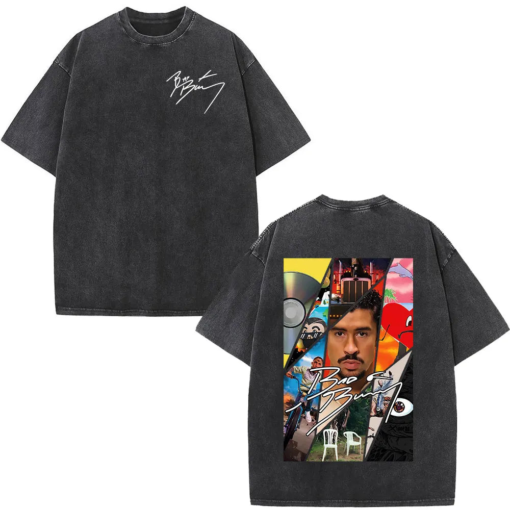 Rapper Bad Bunny Washed Vintage T-shirt Debi Tirar Mas Fotos DTMF World Tour T Shirts Men's Fashion Hip Hop T-shirts Streetwear