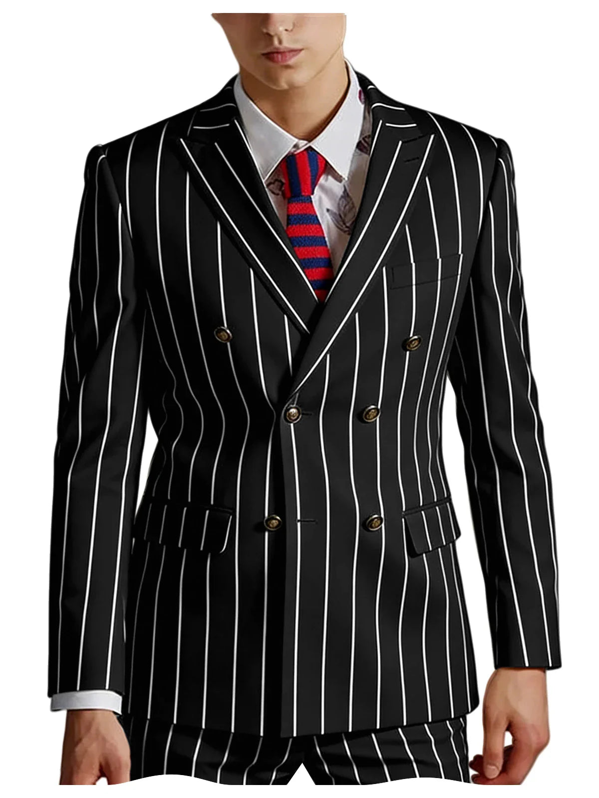 Men's Pinstripe 2 Piece Suit Set Double Breasted Peak Lapel Slim Fit Striped Tuxedo Suit For Wedding Prom Business Formal