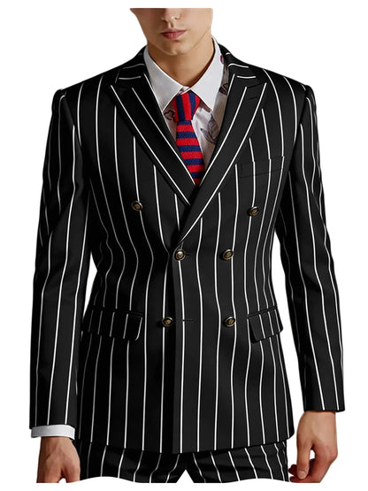 Men's Pinstripe 2 Piece Suit Set Double Breasted Peak Lapel Slim Fit Striped Tuxedo Suit For Wedding Prom Business Formal
