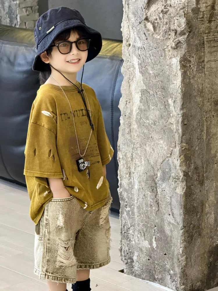 2026 Summer New Boys' Distressed Tie Dye Short Sleeved T-Shirt Junior Sizes Stylish Trendy Kids' Apparel