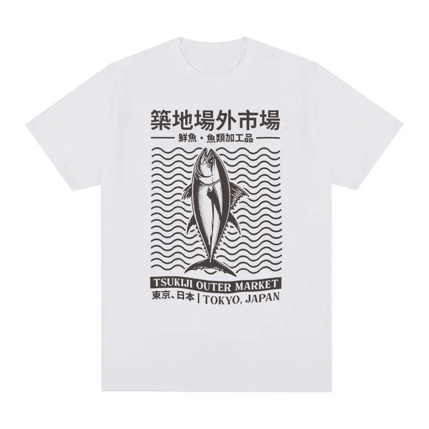Tokyo Japan Tsukiji Outep Market Funny Meme T Shirts Japanese Fish Retro Harajuku T-shirt Men's Oversized Cotton Tees Streetwear