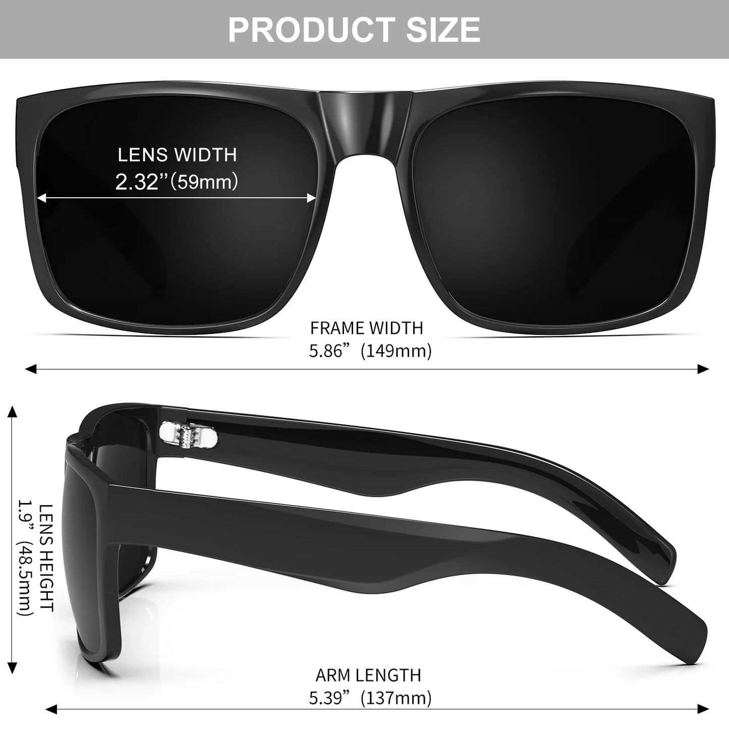 XL Extra Large Glasses Super Dark Black Sunglasses for Big Wide Head Men Square Sun Glasses 149mm W8004