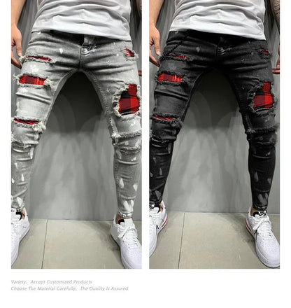 2025 Jeans Pencil Pants Holes Distressed Men Streetwear Denims Patchwork Mid Waist Slim Fit Washed Denim Ankle Length Trousers