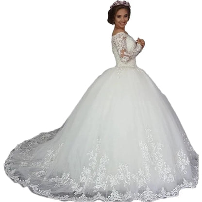 Luxury Lace Appliques Long Sleeves Wedding Dresses Princess Vestido de Noiva Sweep Train Boat Neck Off The Shoulder Bridal Gowns