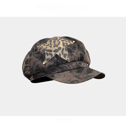 Punk Rivet Star Sticker Berets for Women Fashion Hip Hop Hats Versatile Retro Tie-dye Newsboy Hats