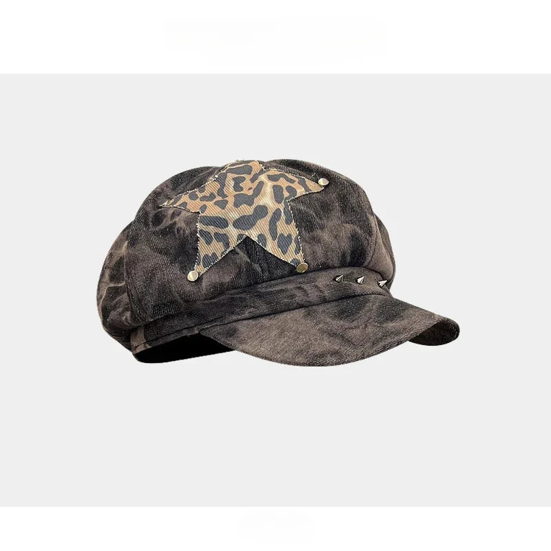 Punk Rivet Star Sticker Berets for Women Fashion Hip Hop Hats Versatile Retro Tie-dye Newsboy Hats