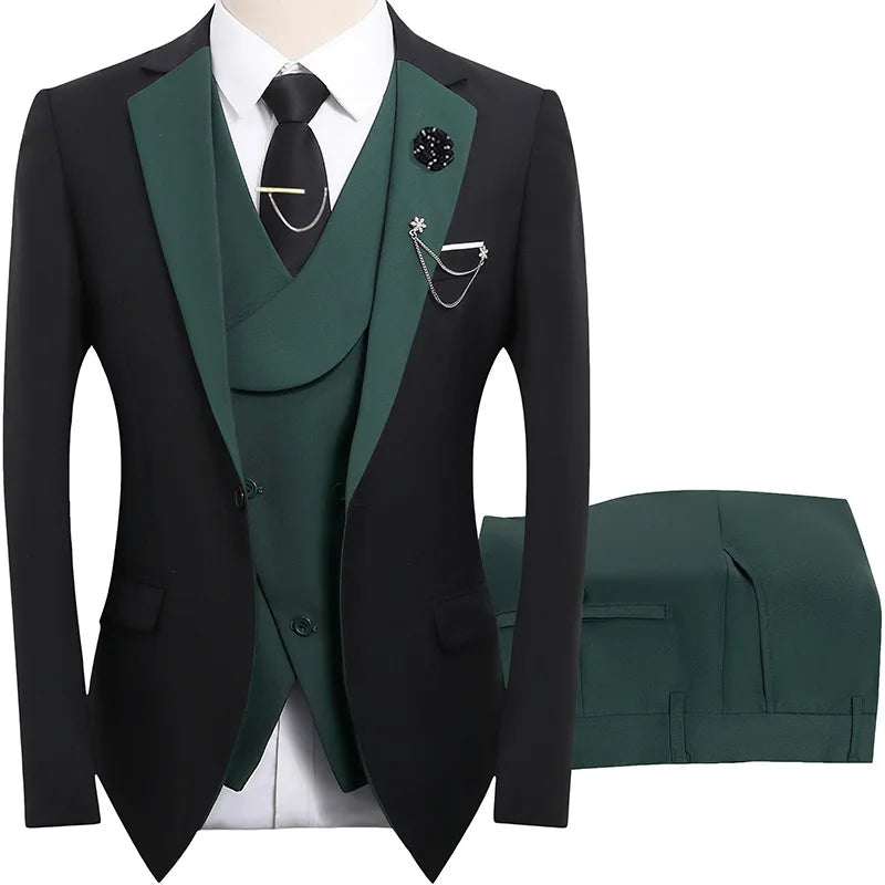 2026 men's dark green three piece suit, (Chinese size) slim fit jacket with vest and pants, wedding party set.