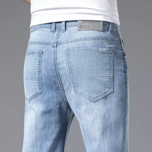 2024 Men's New Autumn Straight Casual Jeans Light Blue Classic Breathable Comfortable No Ironing Stretch Denim Trousers Male