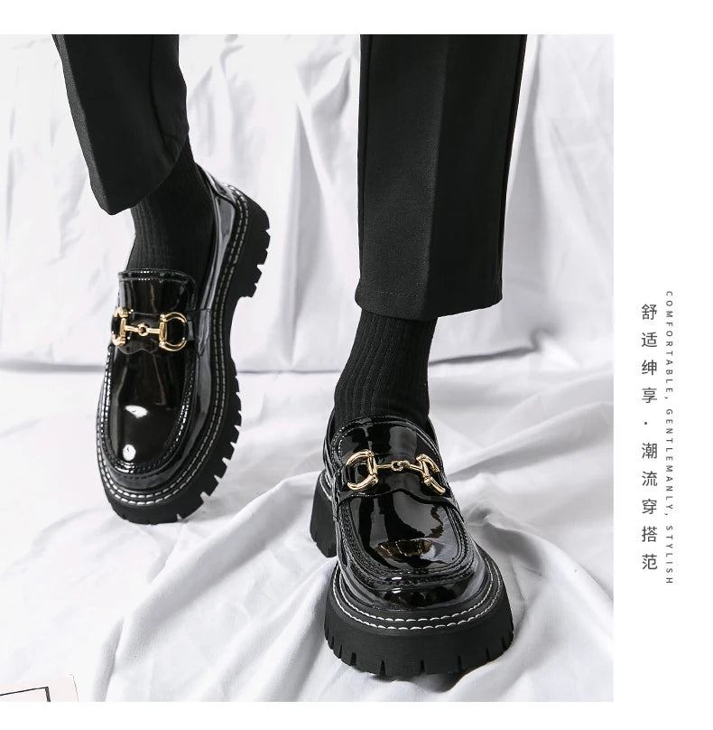New Men Patent Leather Loafers Fashion Casual Shoes Male Thick Sole Increased Height Slip On Breathable Comfortable Driving Shoe