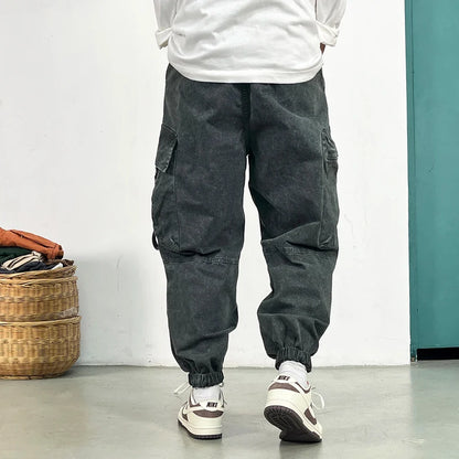 High Quality Snow Wash Distressed Cargo Pants Men Korean Fashion Plus Size Harem Pants Streetwear Joggers Casual Baggy Trousers