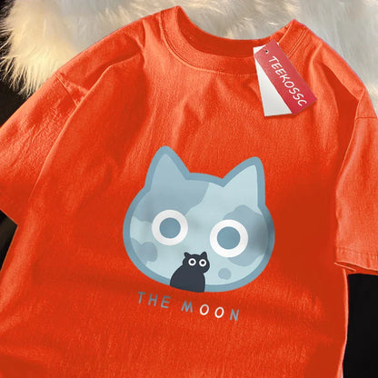 The Moon Blue Cat Fun Japanese Style Men Women T-Shirts Cotton Oversized Short Sleeve Shirt Loose T-Shirt Breathable Casual Tops