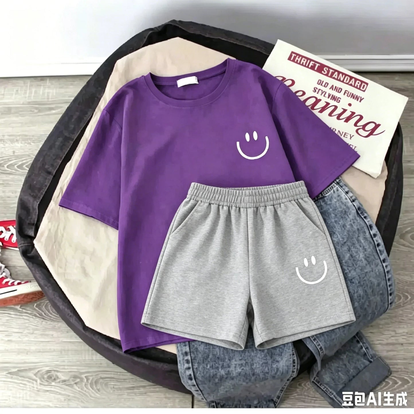 2026 New Summer Smiling Face Print Kids T-shirt Set Short-sleeved Pure Cotton Loose Basic Versatile Cool Simple Kids Outfit Tops