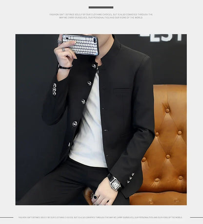 2024 Men's Slim Fit Long Sleeve Casual Suit Korean Trend Stand Collar Fashion Handsome Male Suit