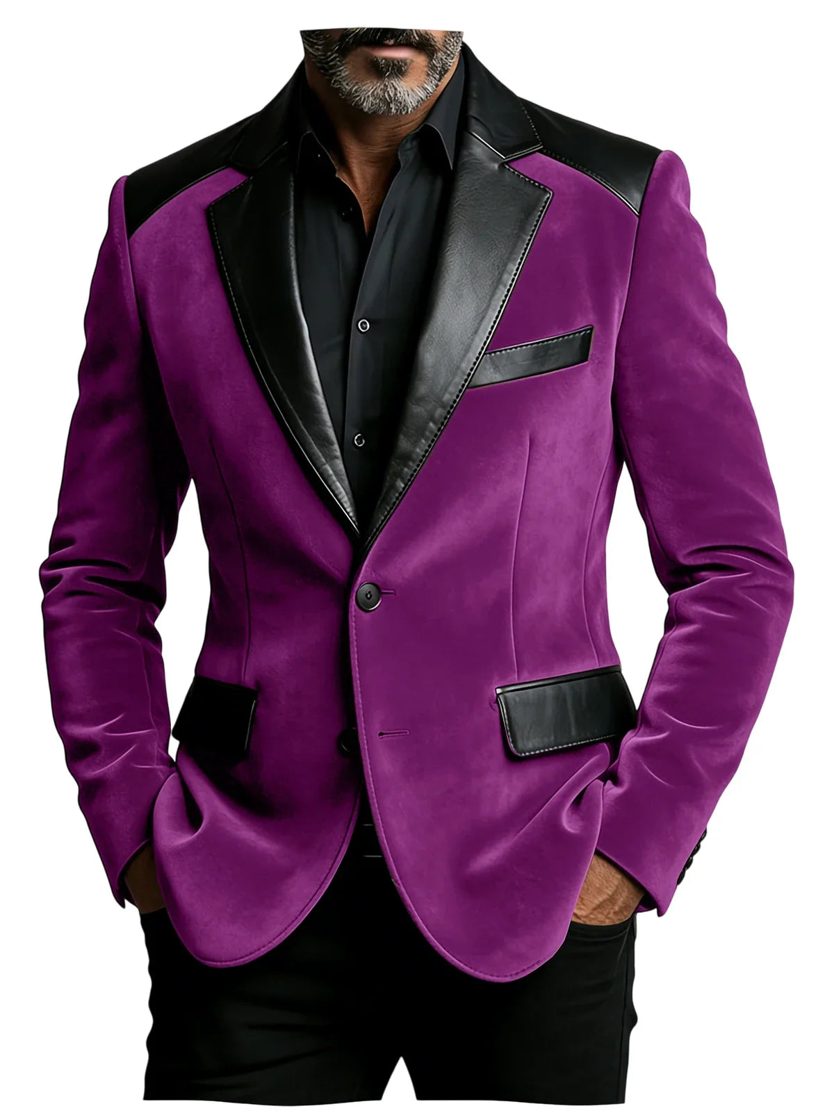 Men's Camel Velvet Blazer with Leather Patchwork Slim Fit Formal Casual Tuxedo Jacket Two-Tone Business Suit Coat