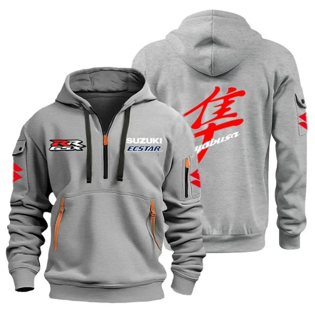 Men's Casual Street Outdoor Sports Motorcycle Hoodie Multi-Pocket Semi-Zipper Graphic Sweatshirt