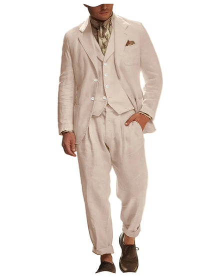 Italian Style Men's Linen 3 Piece Set Notch Lapel 2 buttons Blazer+Vest+Pants Breathable Lightweight Summer Casual Business Suit