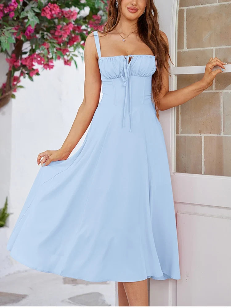 Summer Sweet Solid Sleeveless Long Dress Women Fashion Bandage Camisole Dresses Padded Boned Robe Elegant Party Vestidos