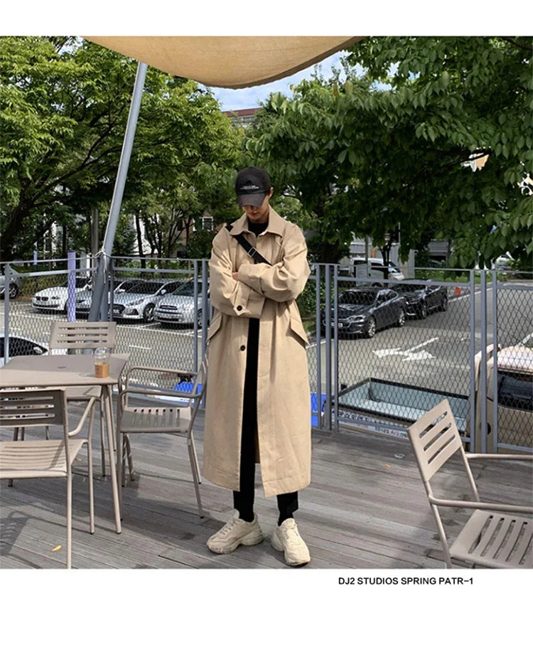 Spring Autumn Long Oversized Black Khaki Trench Coat Men Raglan Sleeve Single Breasted Loose Casual Korean Fashion