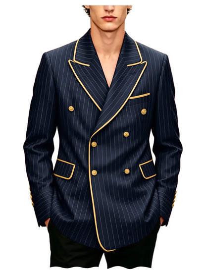 Luxury Men's Pinstripe Blazer Gold Trim Peak Lapel Formal Suit Breathable Lightweight Jacket for Business Party Wedding Coat