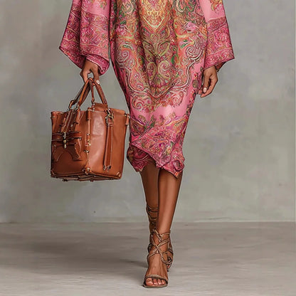 Fashion Print Long Dress Women 2025 Autumn Long Sleeve Loose Half High Collar Maxi Dresses Elegant Robes Femme
