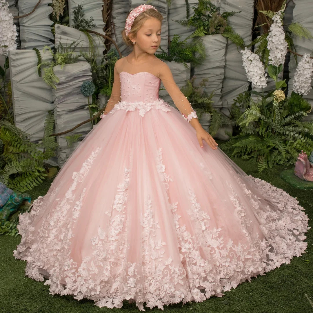 Customized Flower Girl Dress Light Champagne Pearls Floral Appliques Long Sleeve For Wedding Birthday Prom Holy Communion Gown
