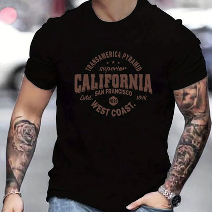 Men's 100% cotton casual sports loose fit California West Coast print round neck short sleeved T-shirt top