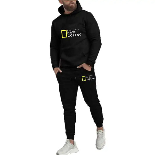 Autumn Men Gray Blue Casual 2PC Sets Trend Hoodie Tops Slim Pants Warm Sweatshirts Street Fashion Concise Printed Sports Suit