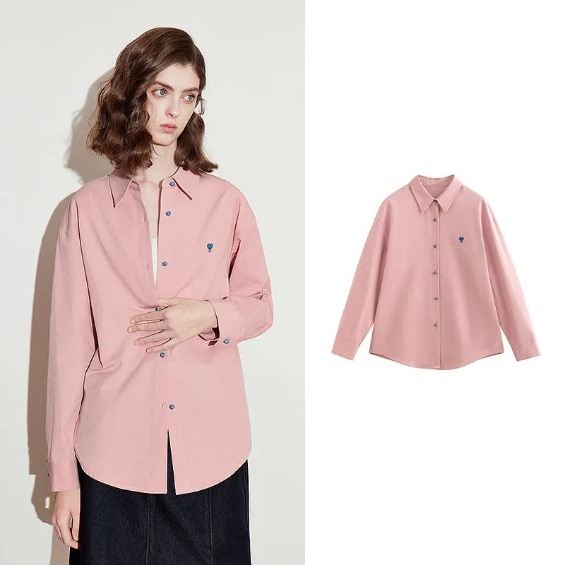 Women Blouse Shirt 2025 Spring New Love Embroidered Simple and Versatile Solid Color Pure Cotton Shirt Tops