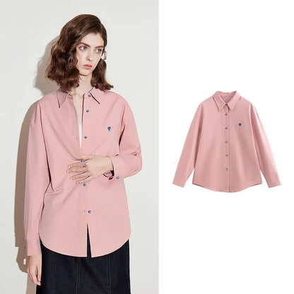 Women Blouse Shirt 2025 Spring New Love Embroidered Simple and Versatile Solid Color Pure Cotton Shirt Tops