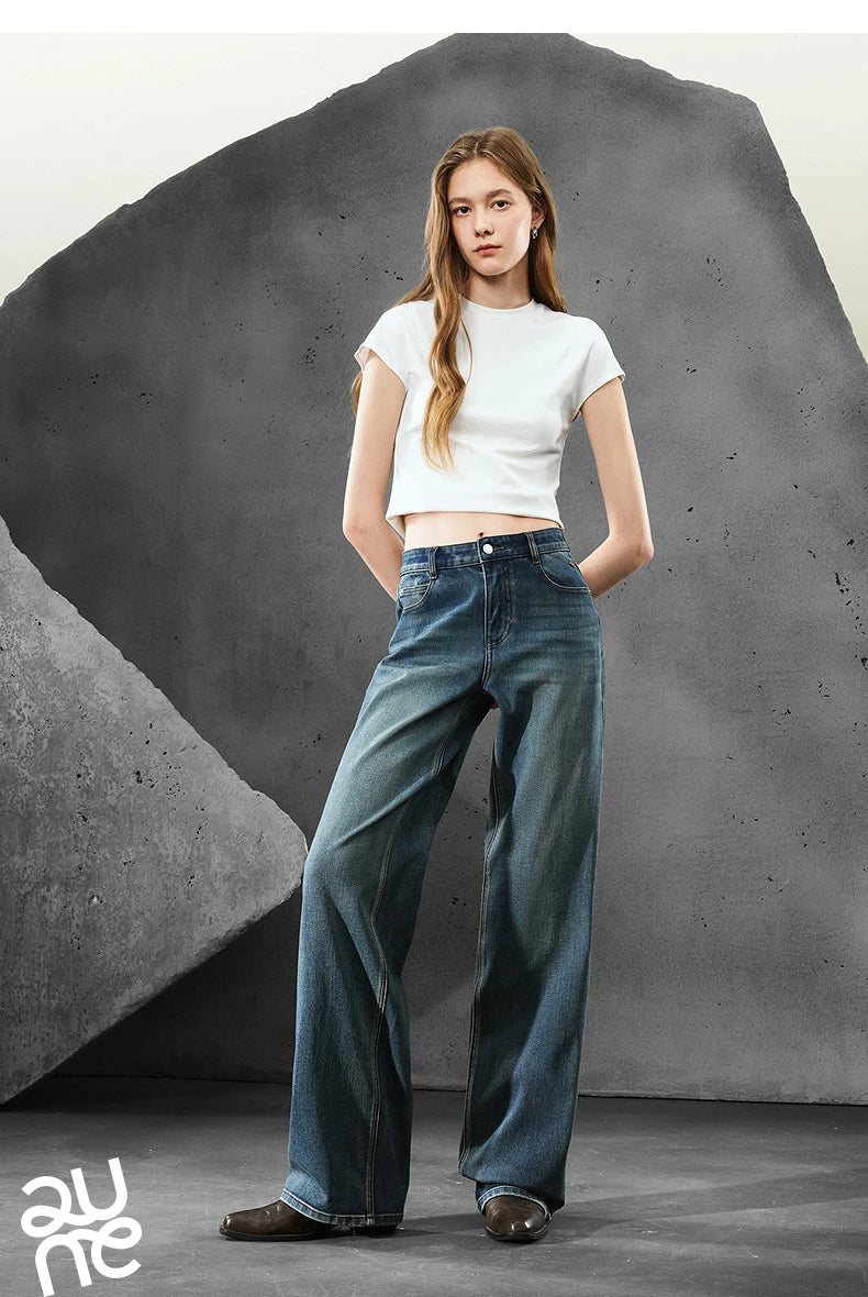 Women Denim Jeans 2025 Autumn New Lycra Stretch Straight Wide Leg Long pants