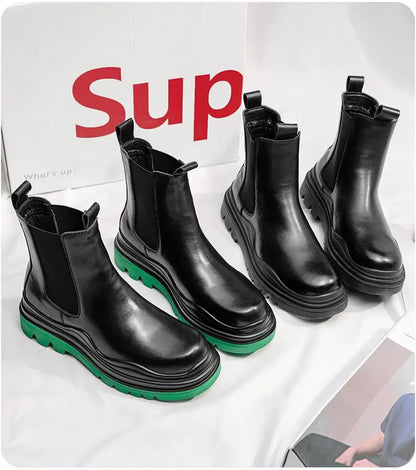 Fashion Mens Sheoes Platform Chelsea Boots Thick Bottom Split Leather Ankle Boots Male Footwear Round Toe Short Boots