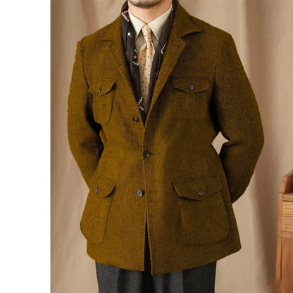 Hunting Multi-pocket Suit Jacket British Men's Retro Sport Coat With Belt Herringbone Business Causal Lapel Suit Blazers Tuxedos