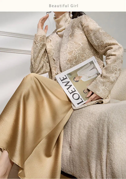 Women's Jacquard Blazer Lace Patchwork Frog Button Jacket Chinese Style Slim Fit Elegant Office Wear Spring Autumn Coat
