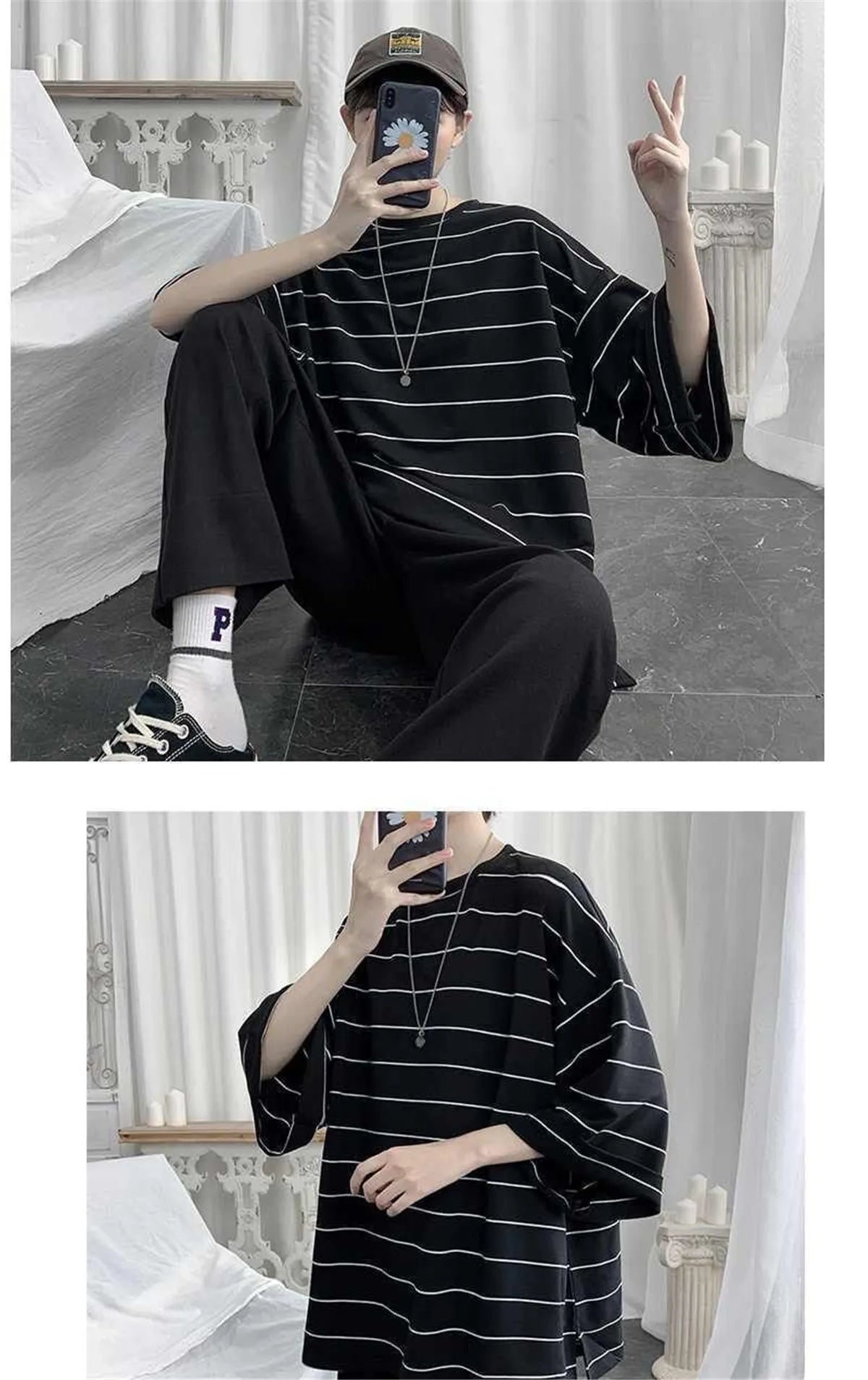 2026 Summer Oversized T-Shirt Men Funny Harajuku Tshirt Streetwear Femme Striped Japan Hip Hop Loose Half Sleeve T Shirts Male